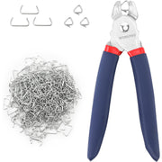 Hog ring pliers with blue-red handles and pile of galvanized hog rings