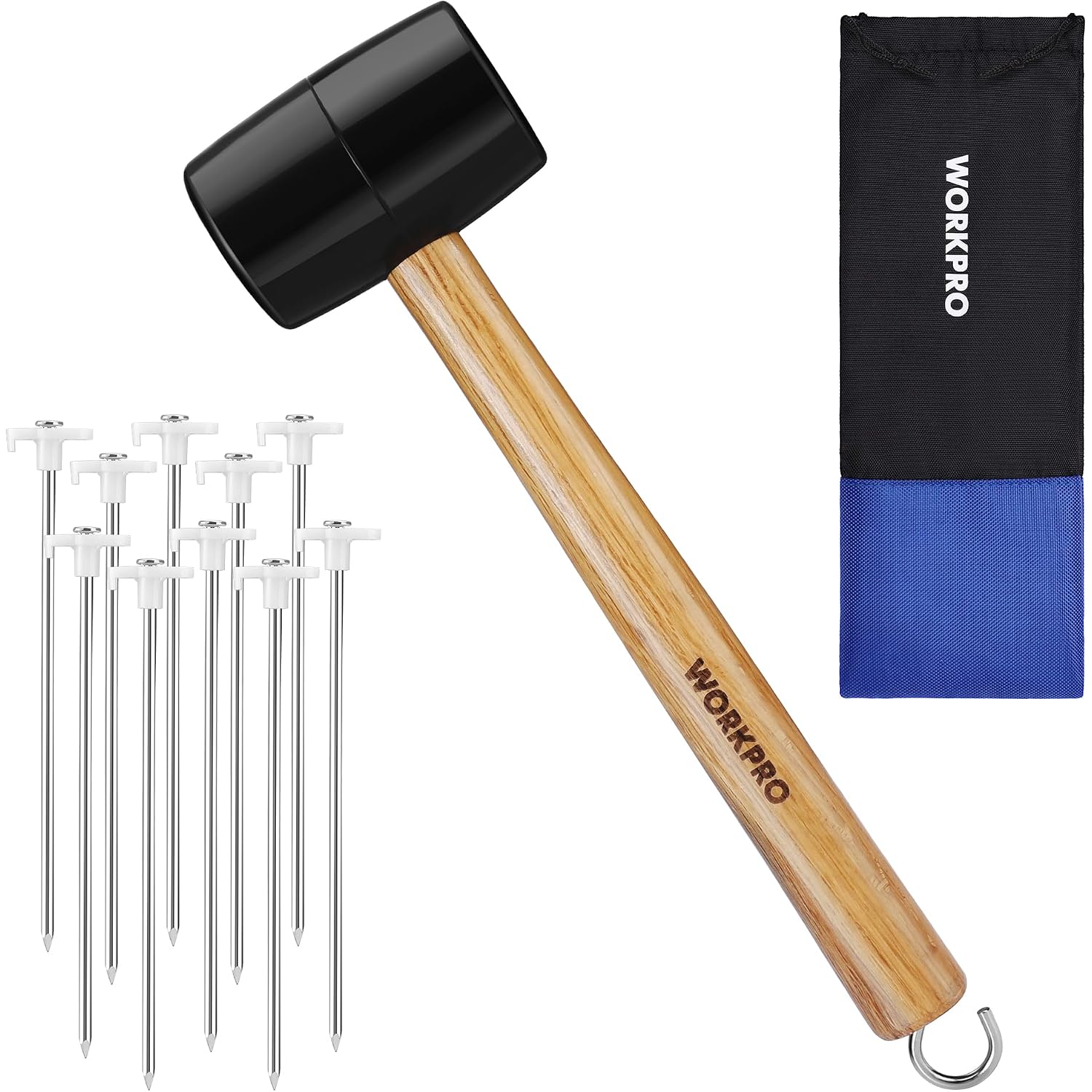 Rubber mallet with wooden handle, 10 tent stakes, and black-and-blue storage bag