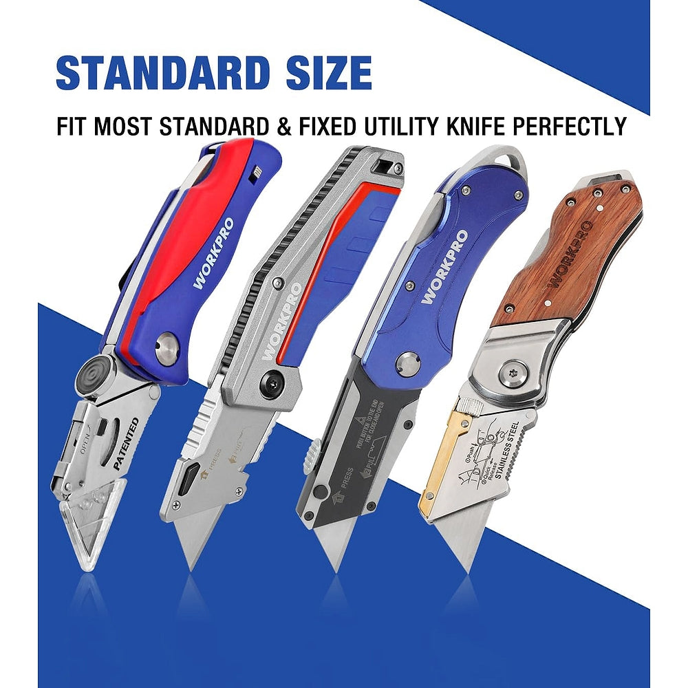 Standard utility knife blades with blue handles shown for compatibility