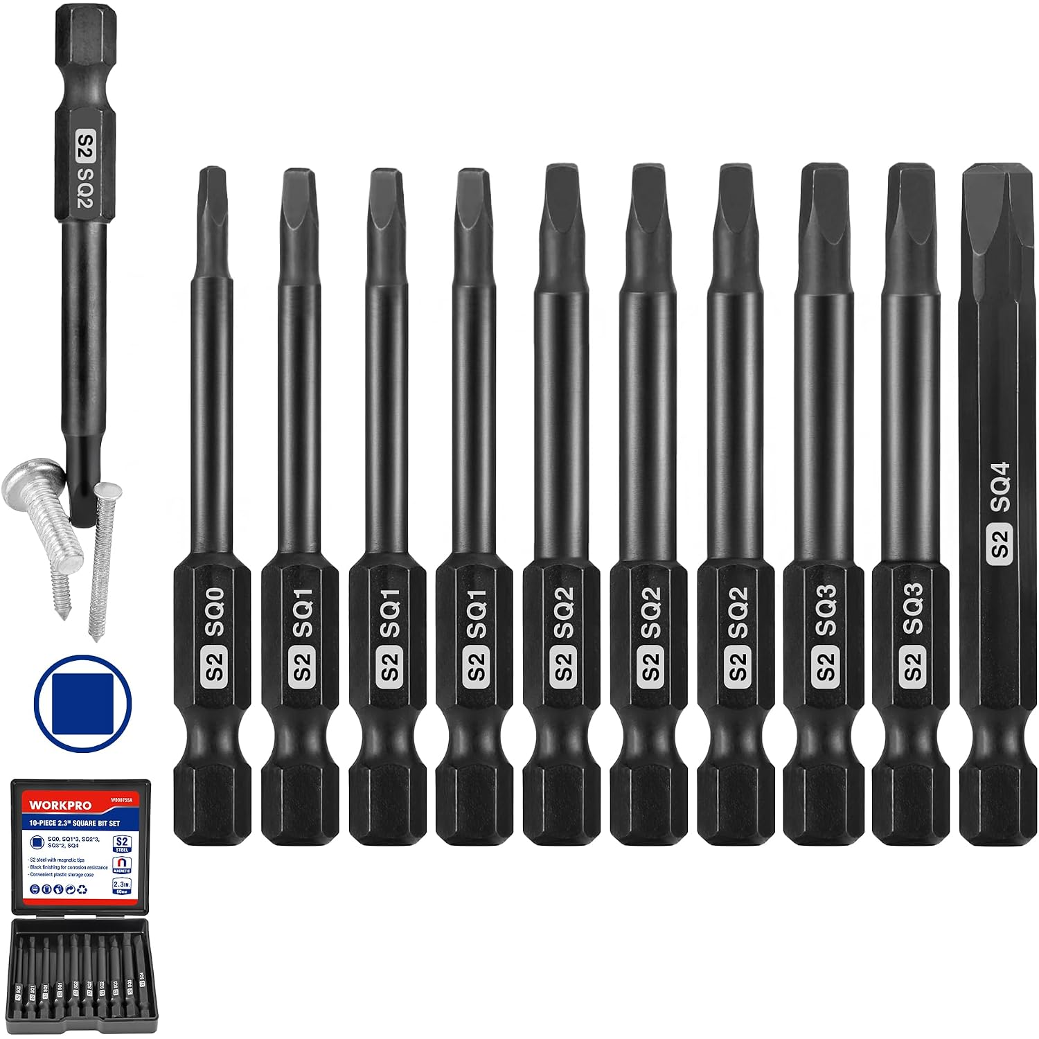 Square screwdriver bit set lineup with 1/4 in hex shanks and a storage box