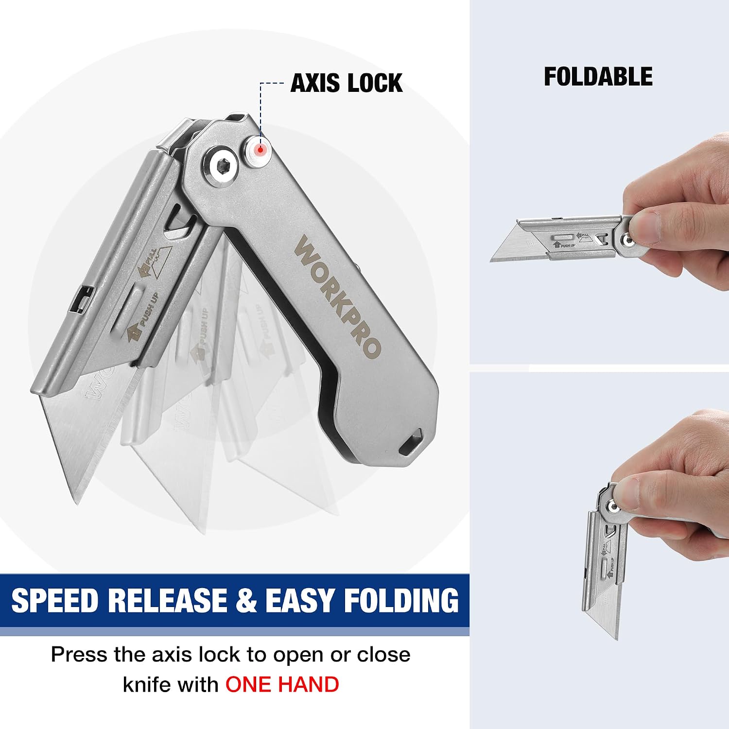 Foldable WORKPRO utility knife with axis lock, shown open and in hand