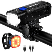 Waterproof rechargeable bike light set with front white beam and rear red taillight, blue button