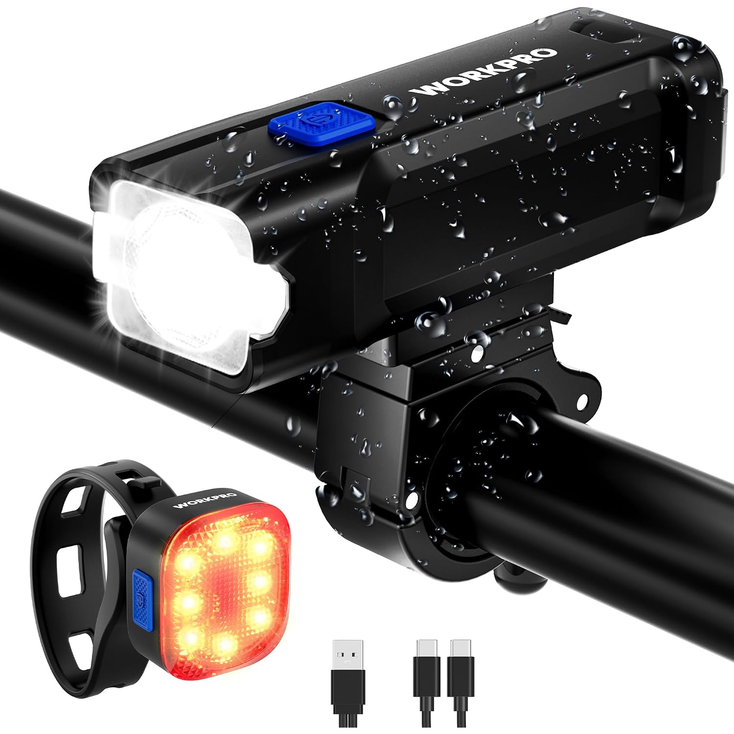 Waterproof rechargeable bike light set with front white beam and rear red taillight, blue button