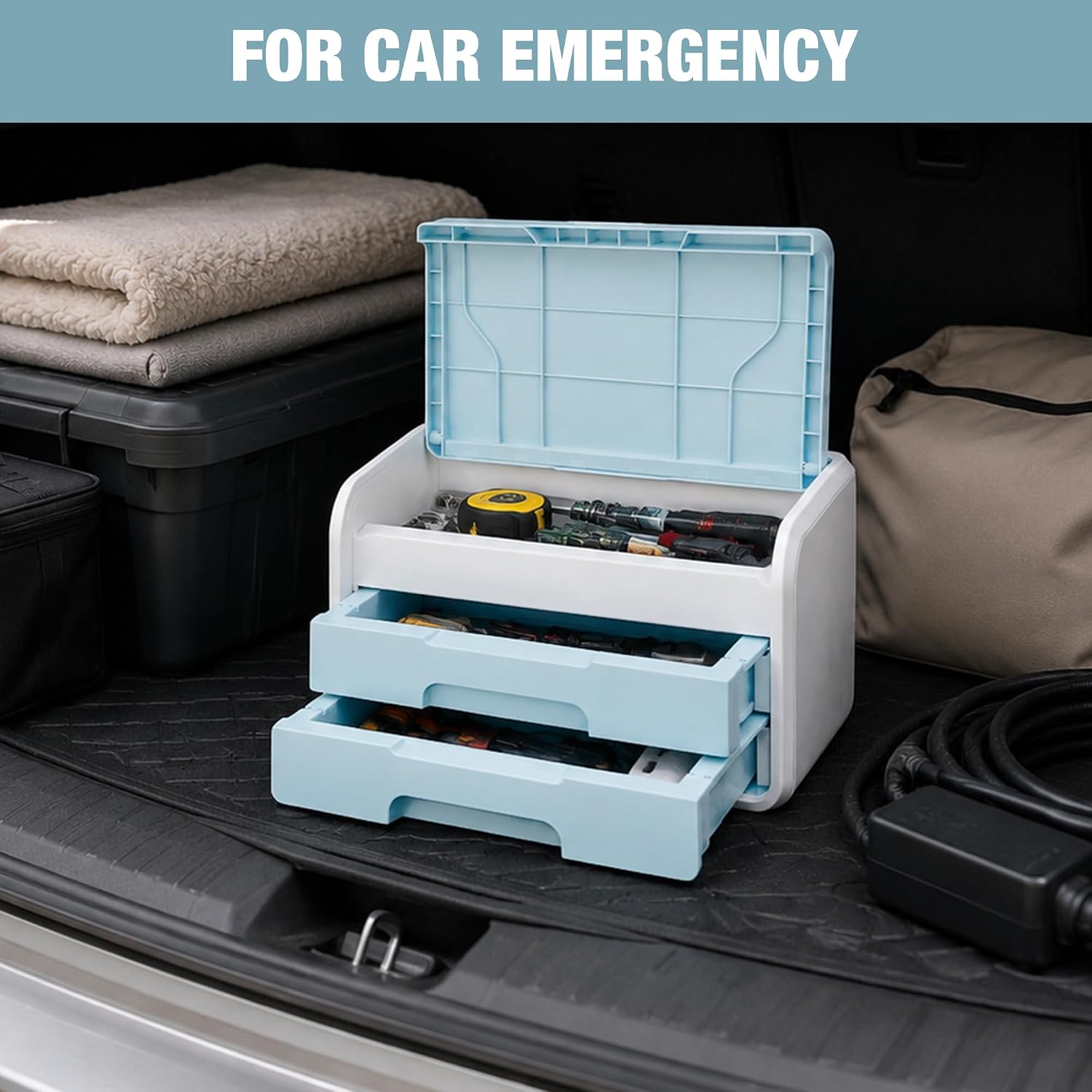 Blue-and-white desktop drawer organizer with open lid, two drawers for a car emergency kit