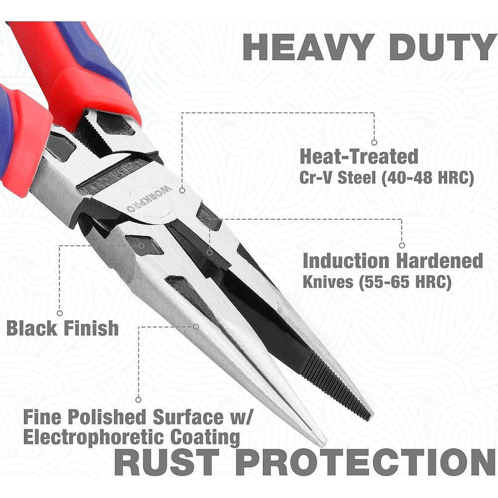 Heavy-duty CR-V steel long-nose pliers with black finish and red/blue handles