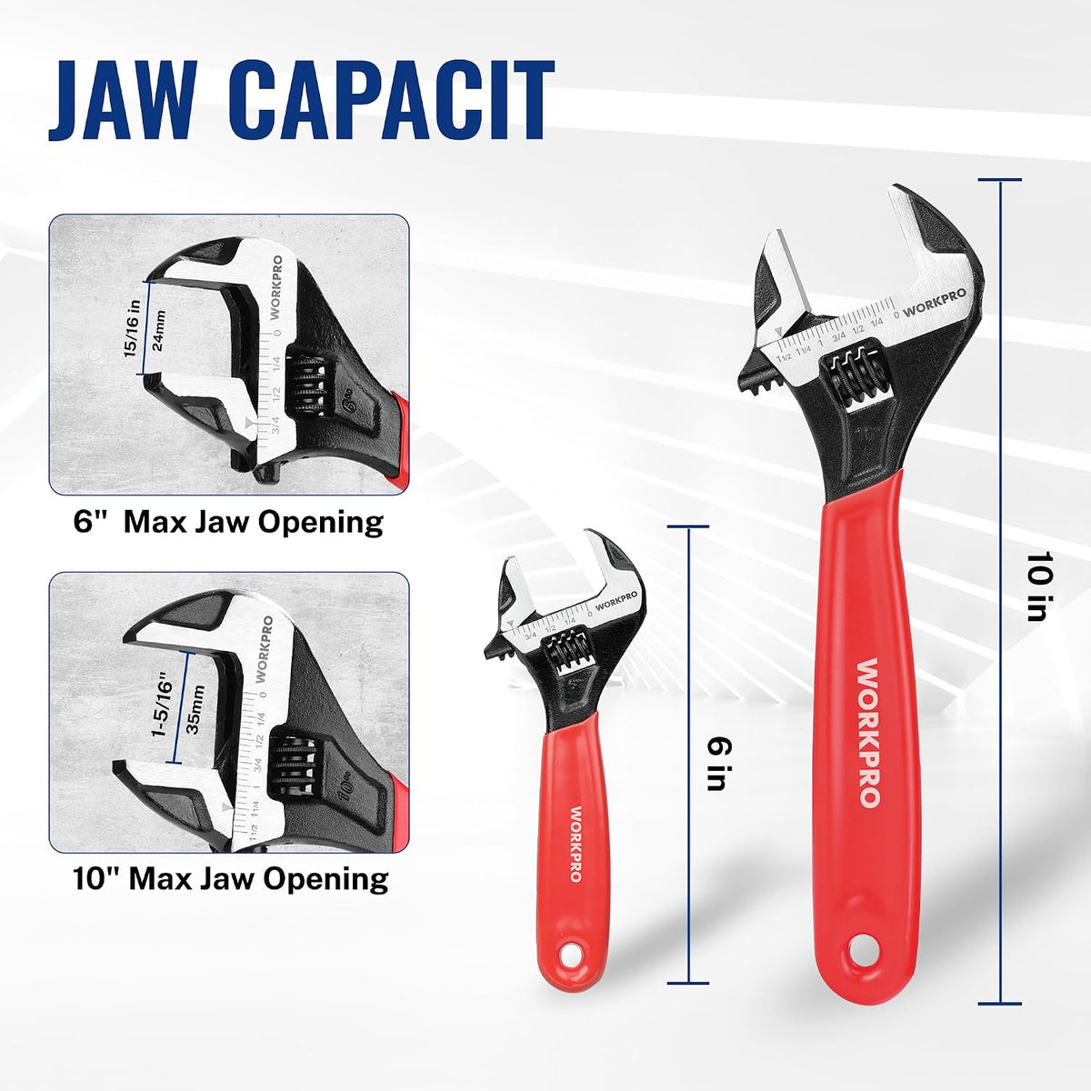 WORKPRO 2-Piece Adjustable Wrench Set, 6-Inch & 10-Inch Wide Jaw Wrenches