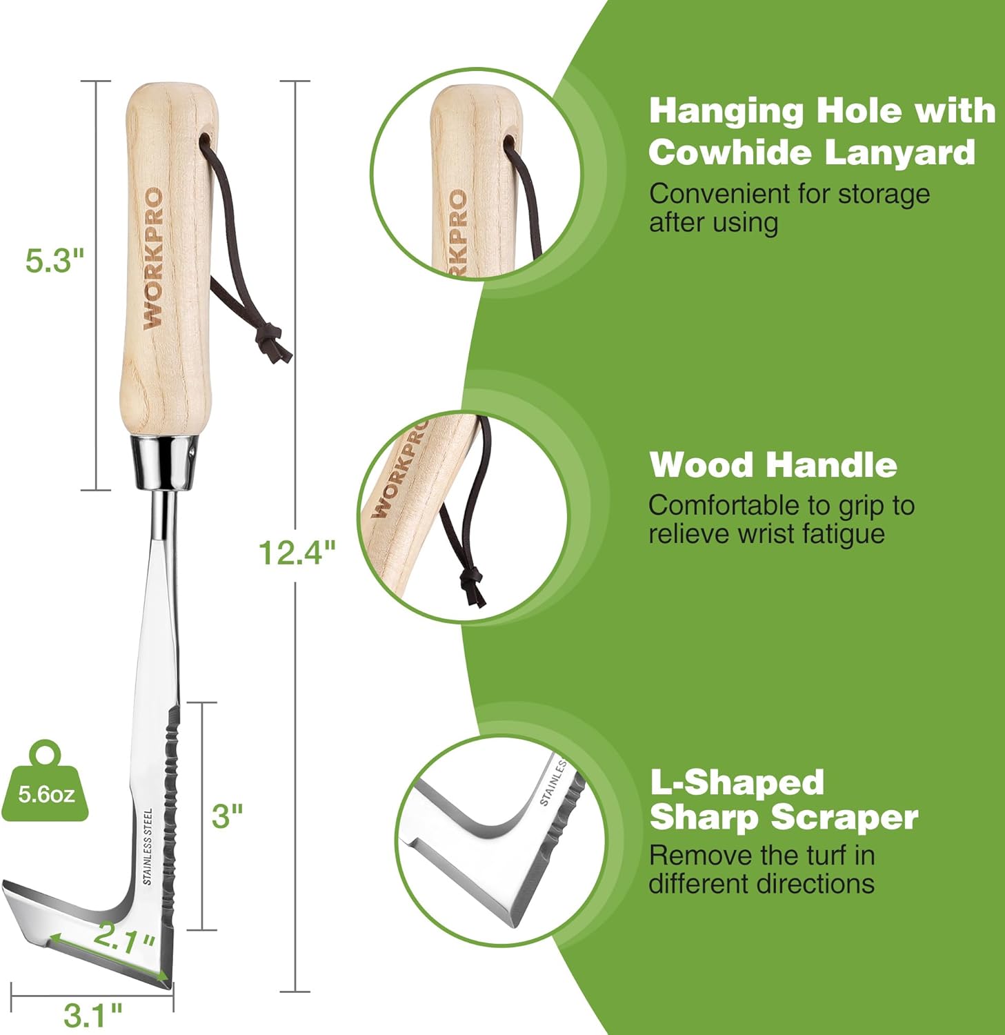 Stainless steel L-shaped crevice weeder with ash wooden handle and hanging loop