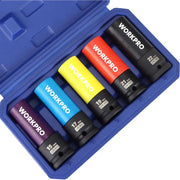 Five-piece lug nut socket set in blue molded tray with colored non-marring sleeves