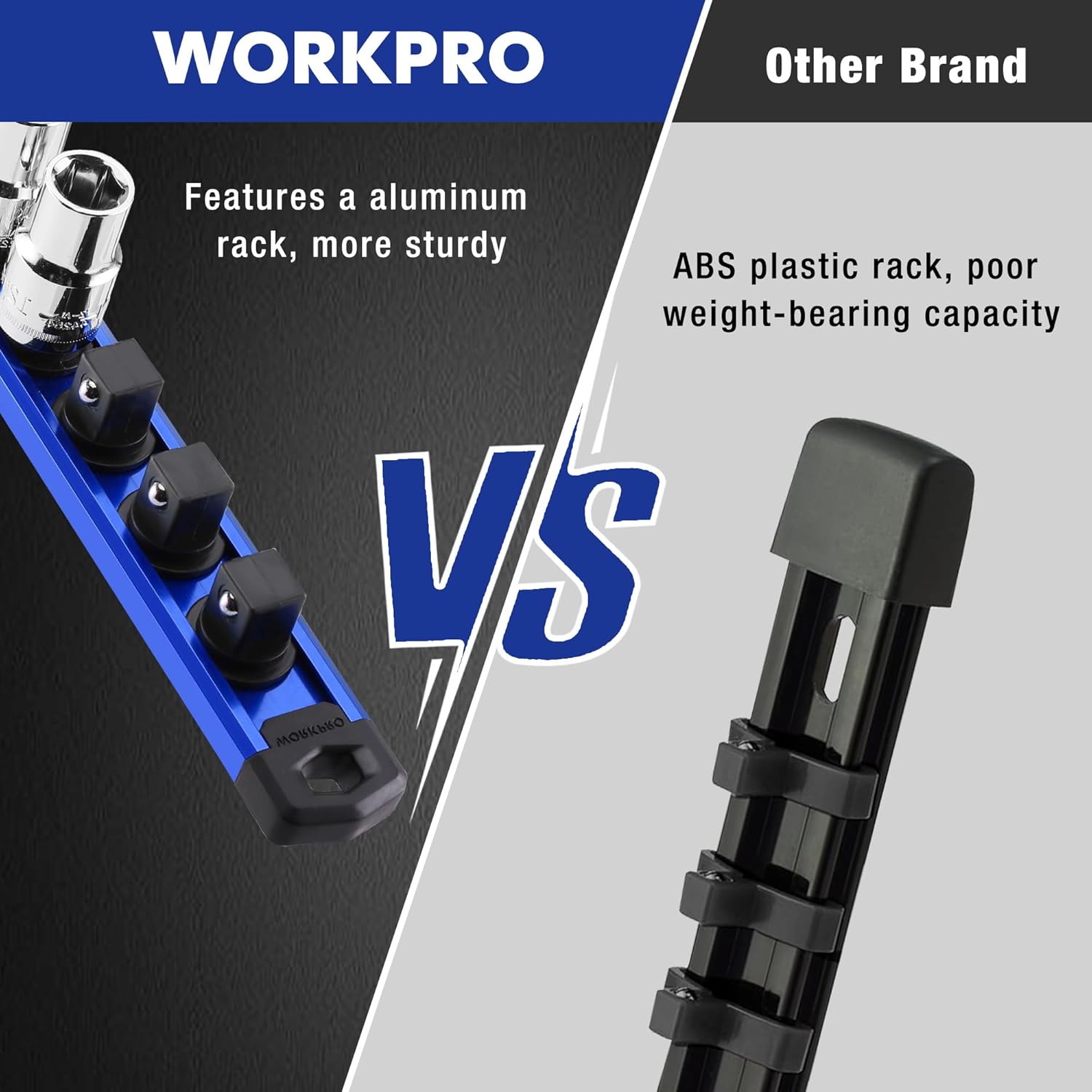 Blue aluminum socket rail with black magnetic clips for holding sockets