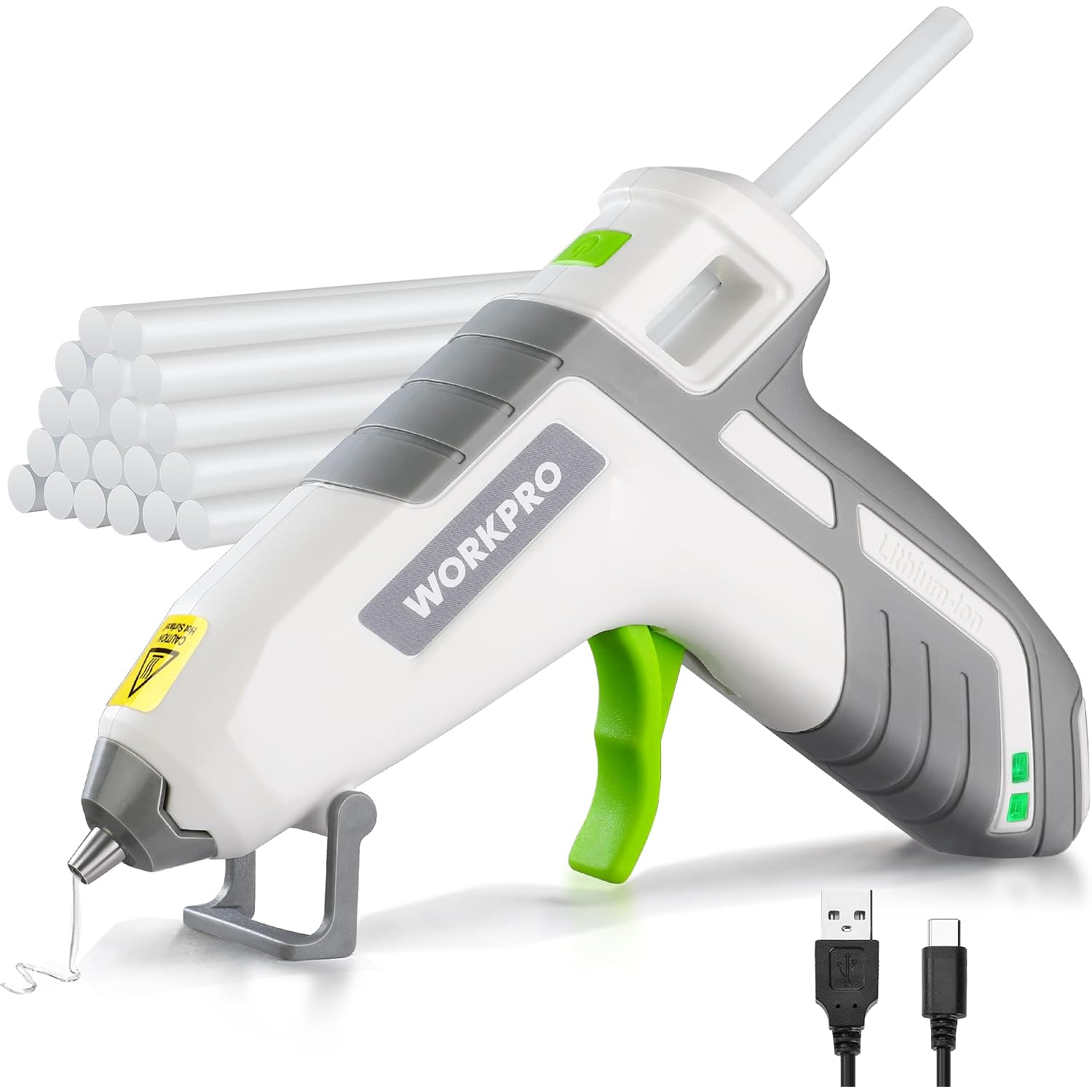 Cordless hot glue gun with green trigger, white-gray body, and mini glue sticks included.