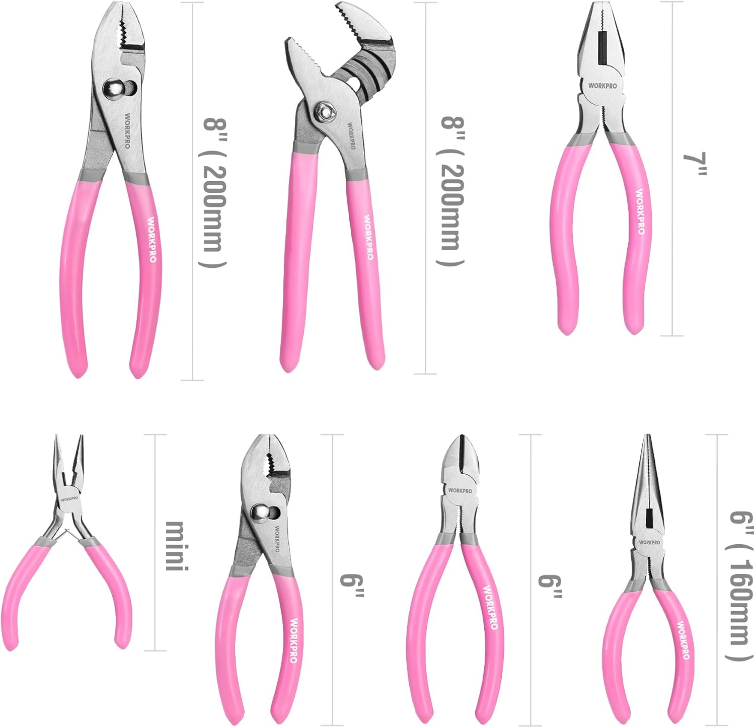 Pink-handled 7-piece pliers set showing multiple plier shapes and size labels