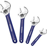 Four-piece adjustable wrench set with blue handles and dual-scale jaw markings.