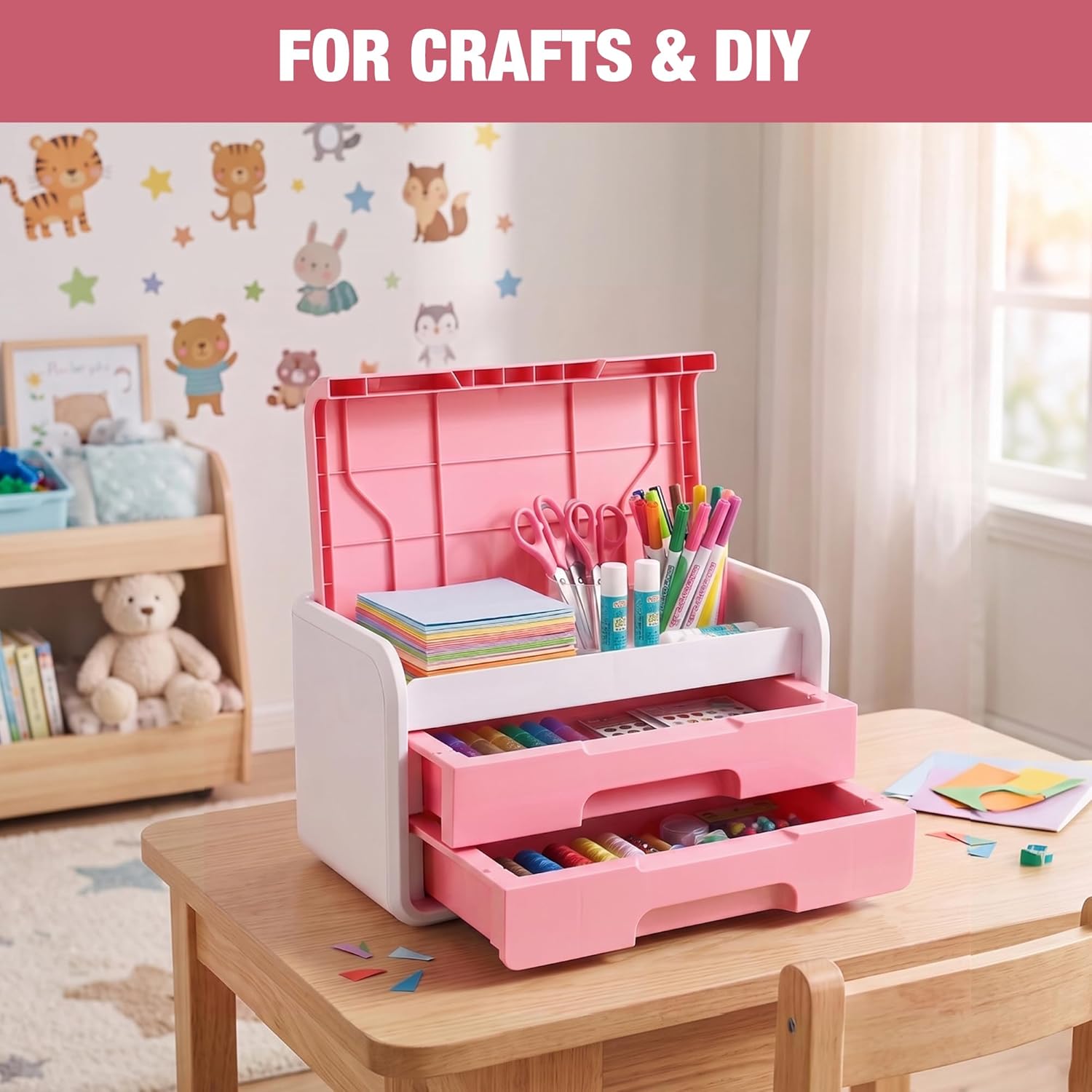Pink and white craft storage organizer with flip-top lid and two drawers