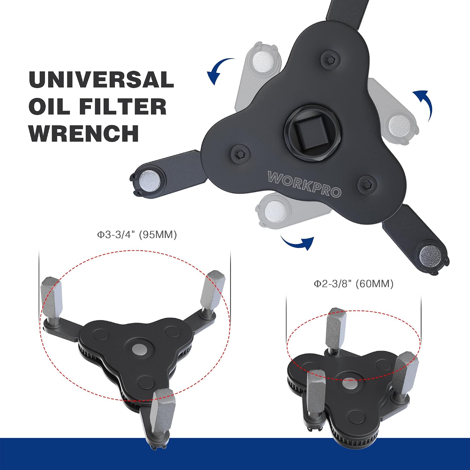 Universal adjustable oil filter wrench with hinged prongs and four contact pads, dark gray