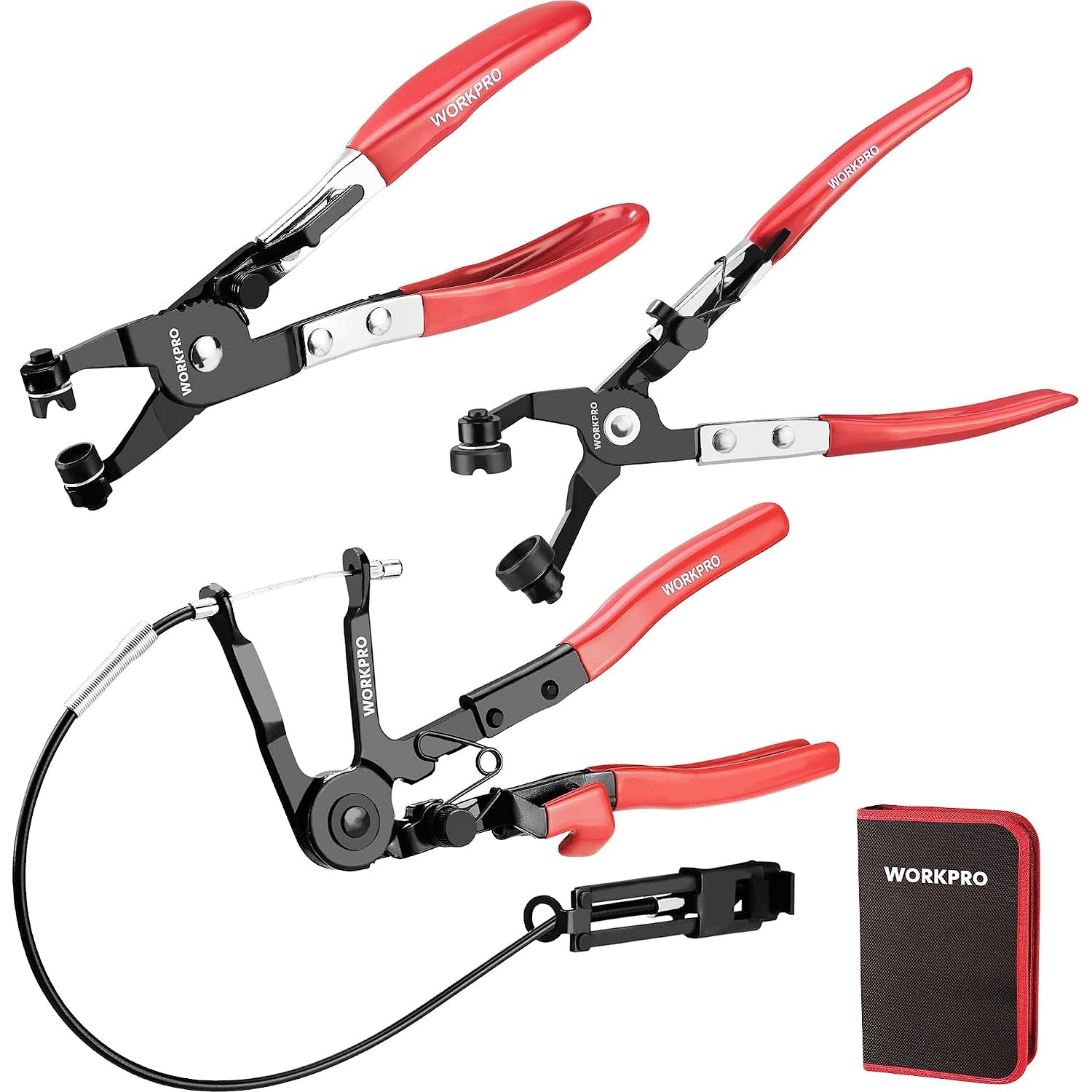 Three WORKPRO ring stretchers in red and black metal with silver accents, shown on a white background with a small black-and-red storage case.
