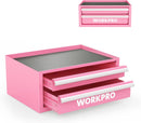 WORKPRO 12.5" Mini Tool Box with 2 Drawers & 1 Open Top Storage, Small Metal Tool Chest with PVC Liners & PP Feet Pads, Cold Rolled Steel Toolbox with Drawer Liners & Magnetic Tabs, Pink - Pink Ribbon