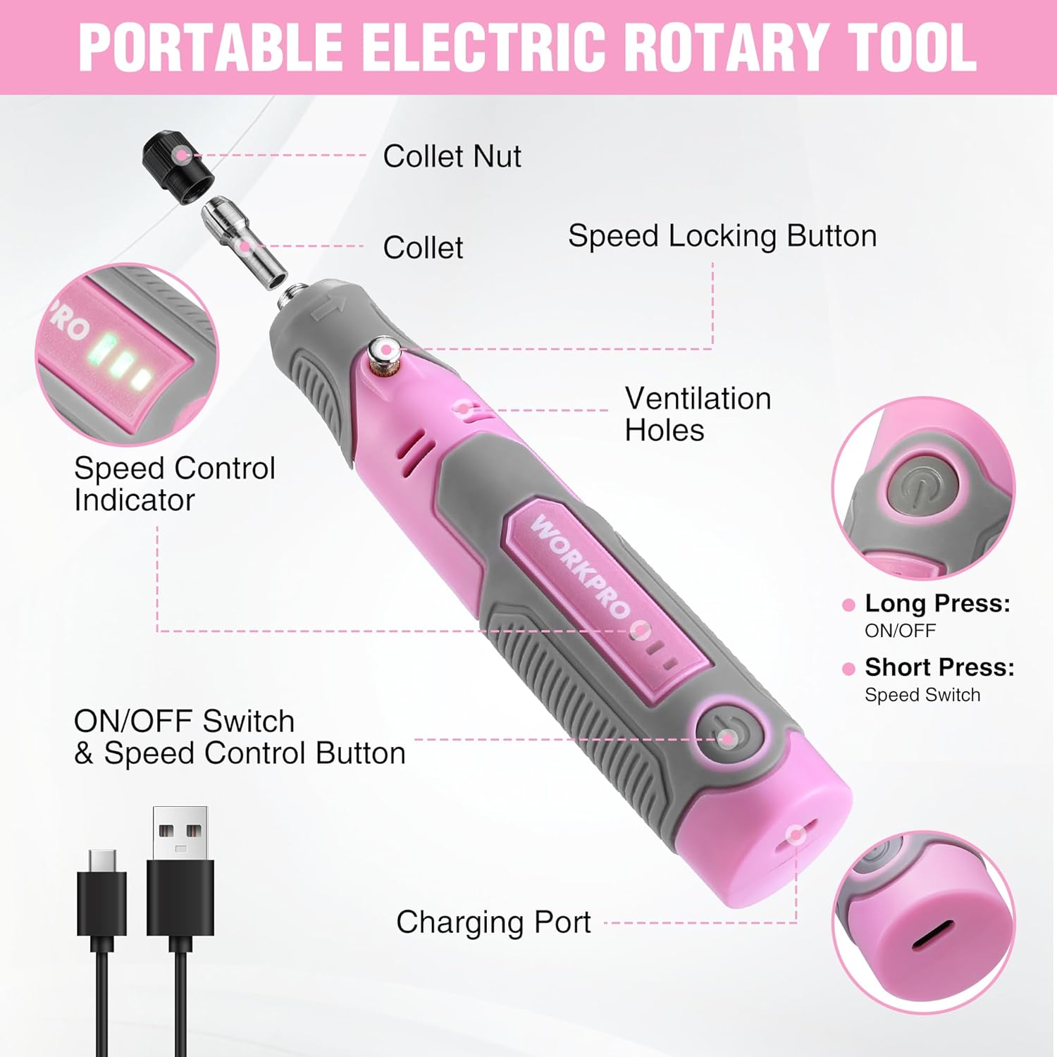 Pink handheld electric rotary tool with speed control dial, charging port, and switch