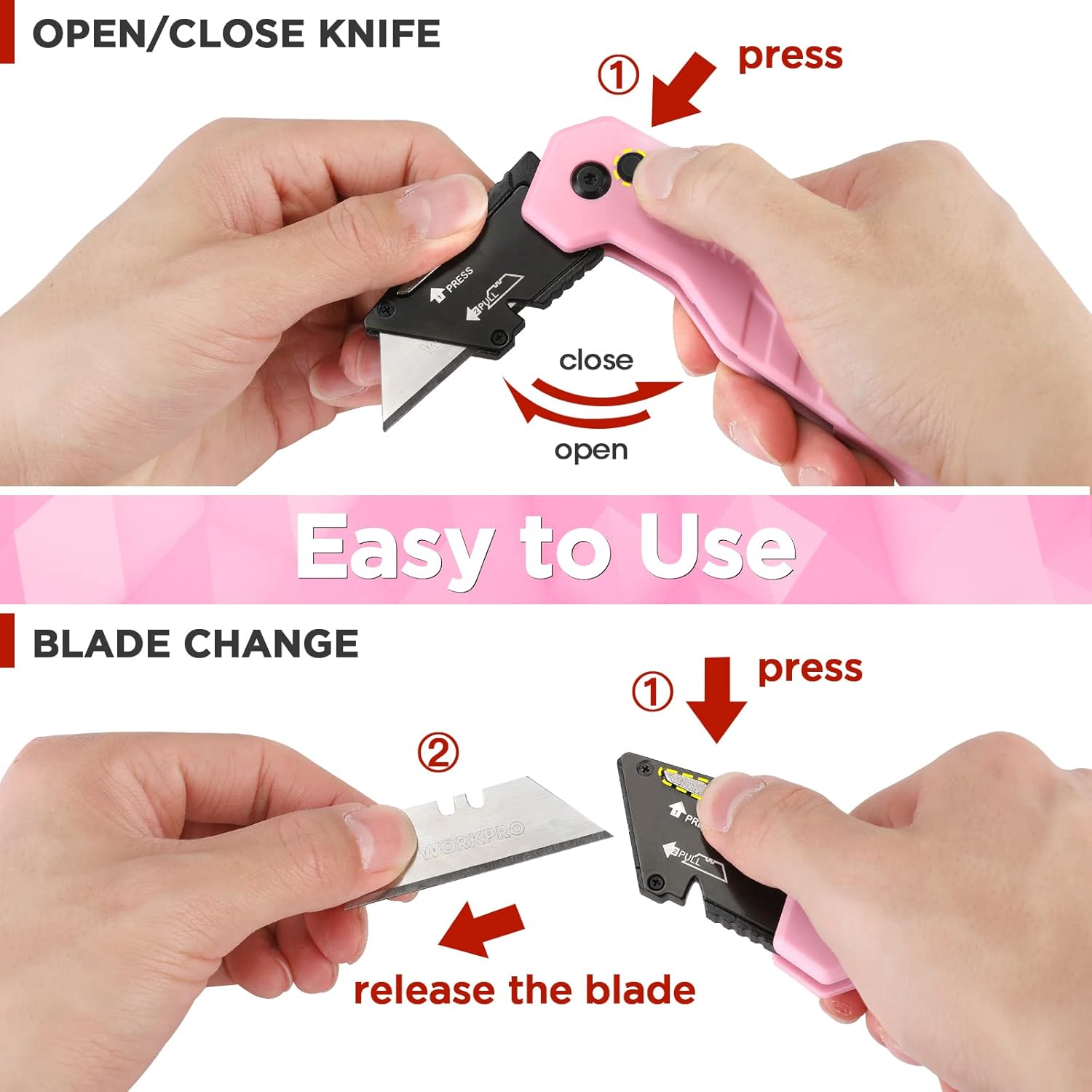 WORKPRO Folding Utility Knife, Quick Change Box Cutte 13 Extra Blades Included - Pink Ribbon