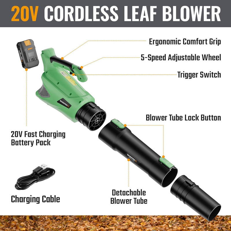 WORKPROX 20V Electric Cordless Leaf Blower, Variable Speed, 4.0Ah Battery & ype-C Charging Cable Included