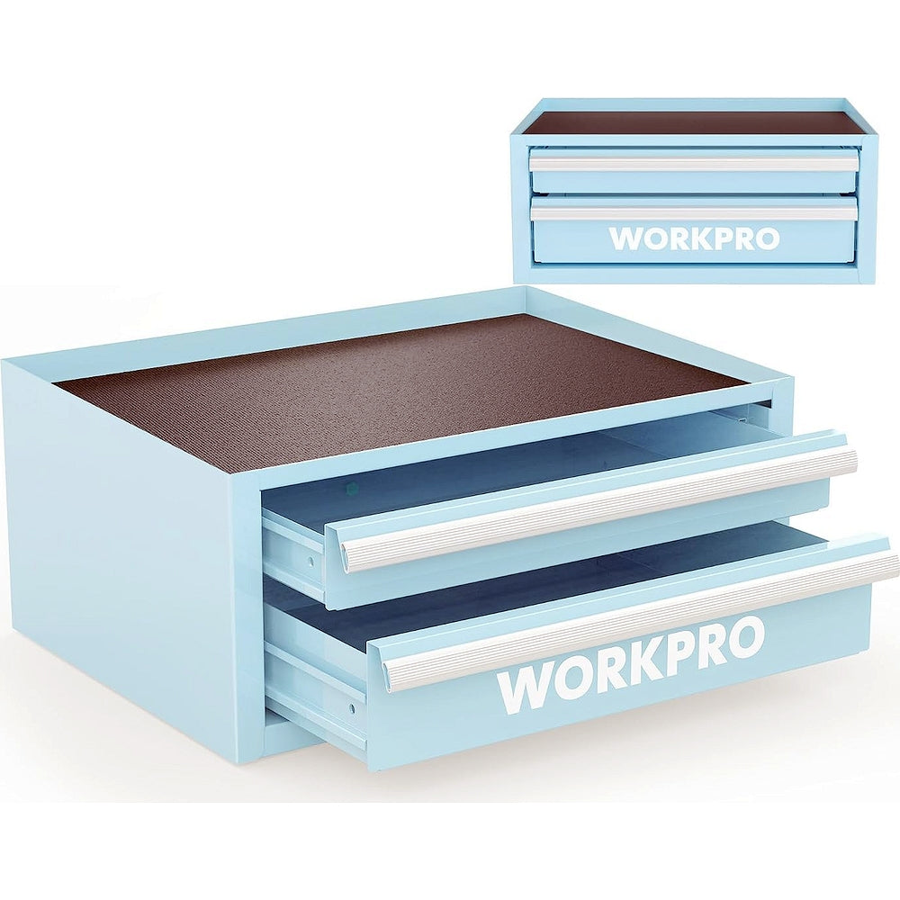 Macaron blue mini metal tool chest with 2 drawers and open-top storage, with liners