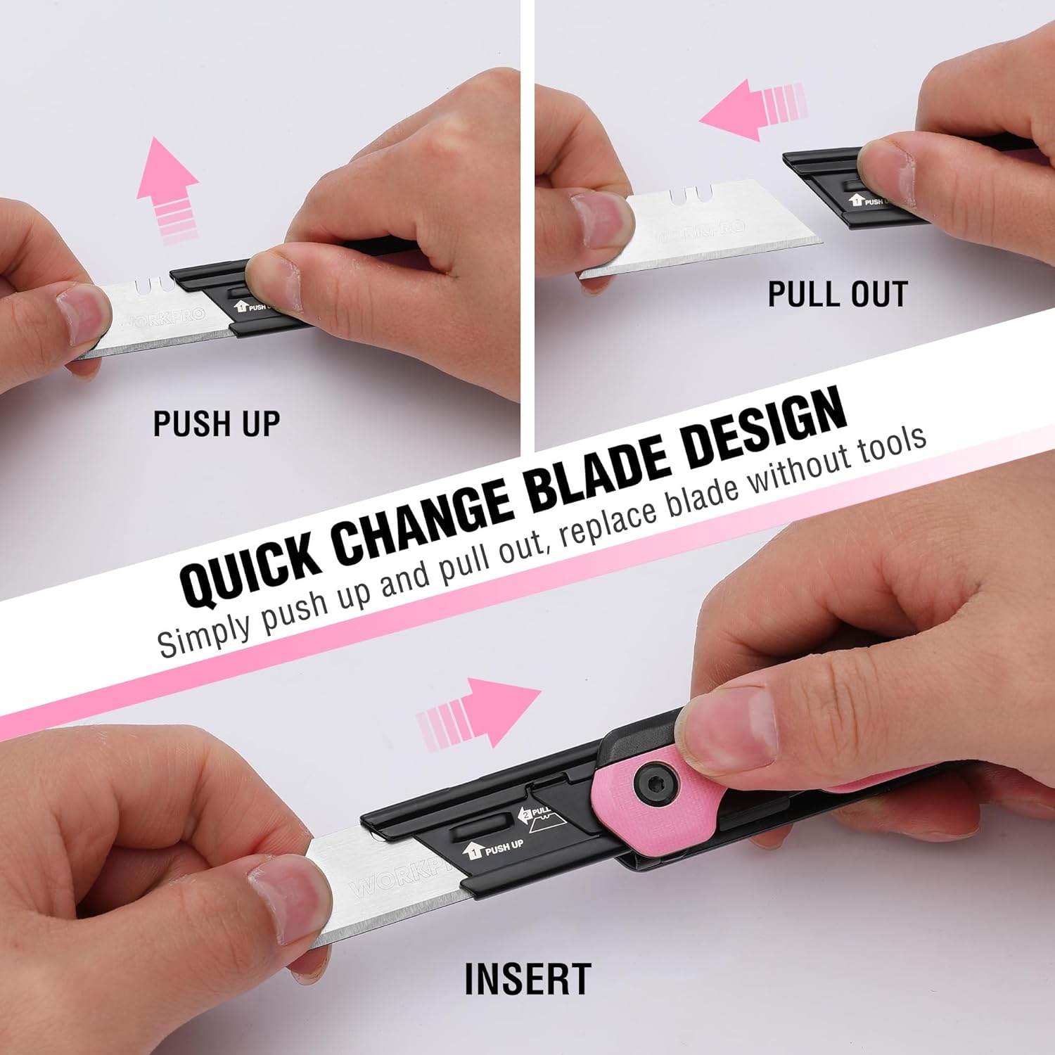 Pink folding utility knife quick-change blade design with hands operating the tool