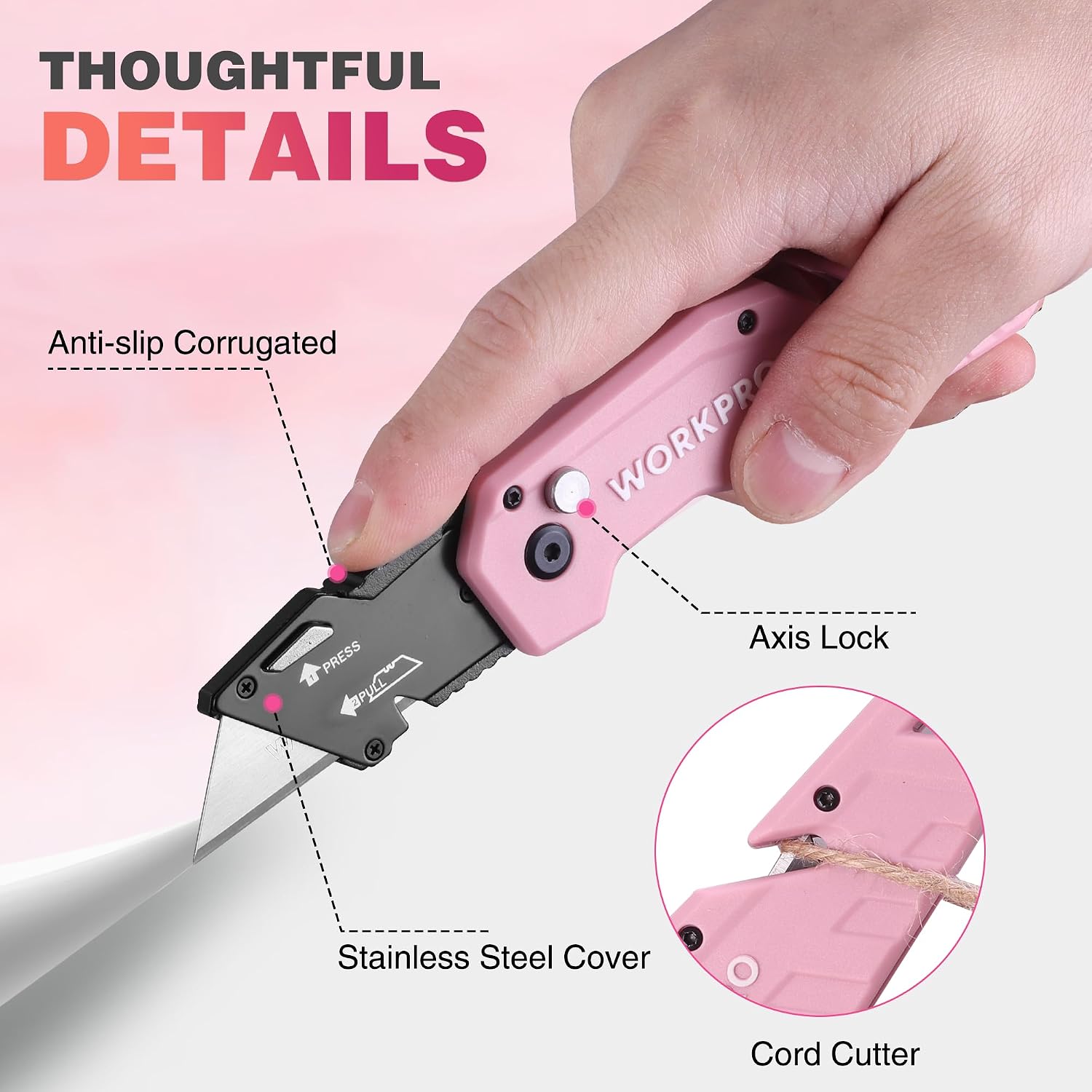 WORKPRO Folding Utility Knife with 10 Extra Blades - Pink Ribbon