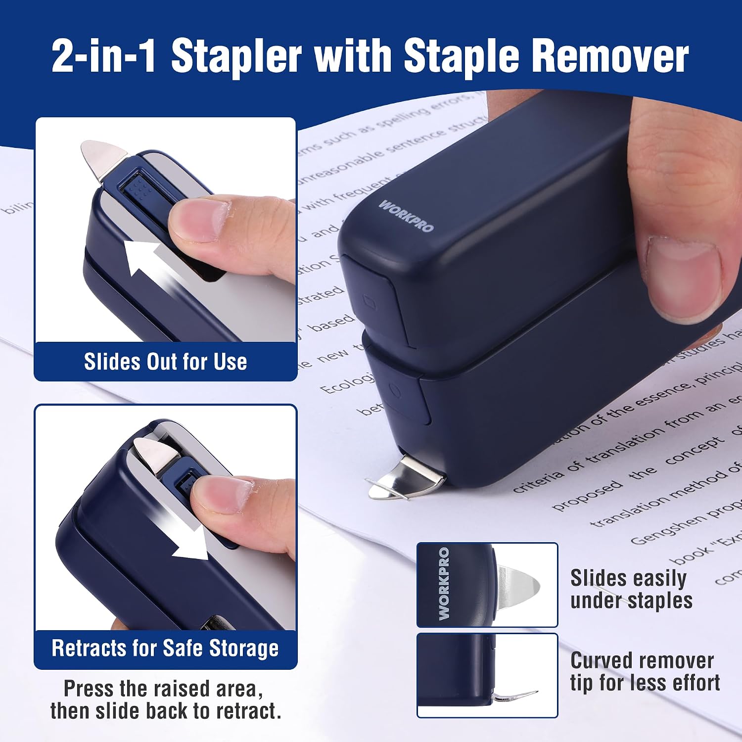 WORKPRO 2-in-1 Stapler with Staples in blue with secure rear push button staple storage compartment