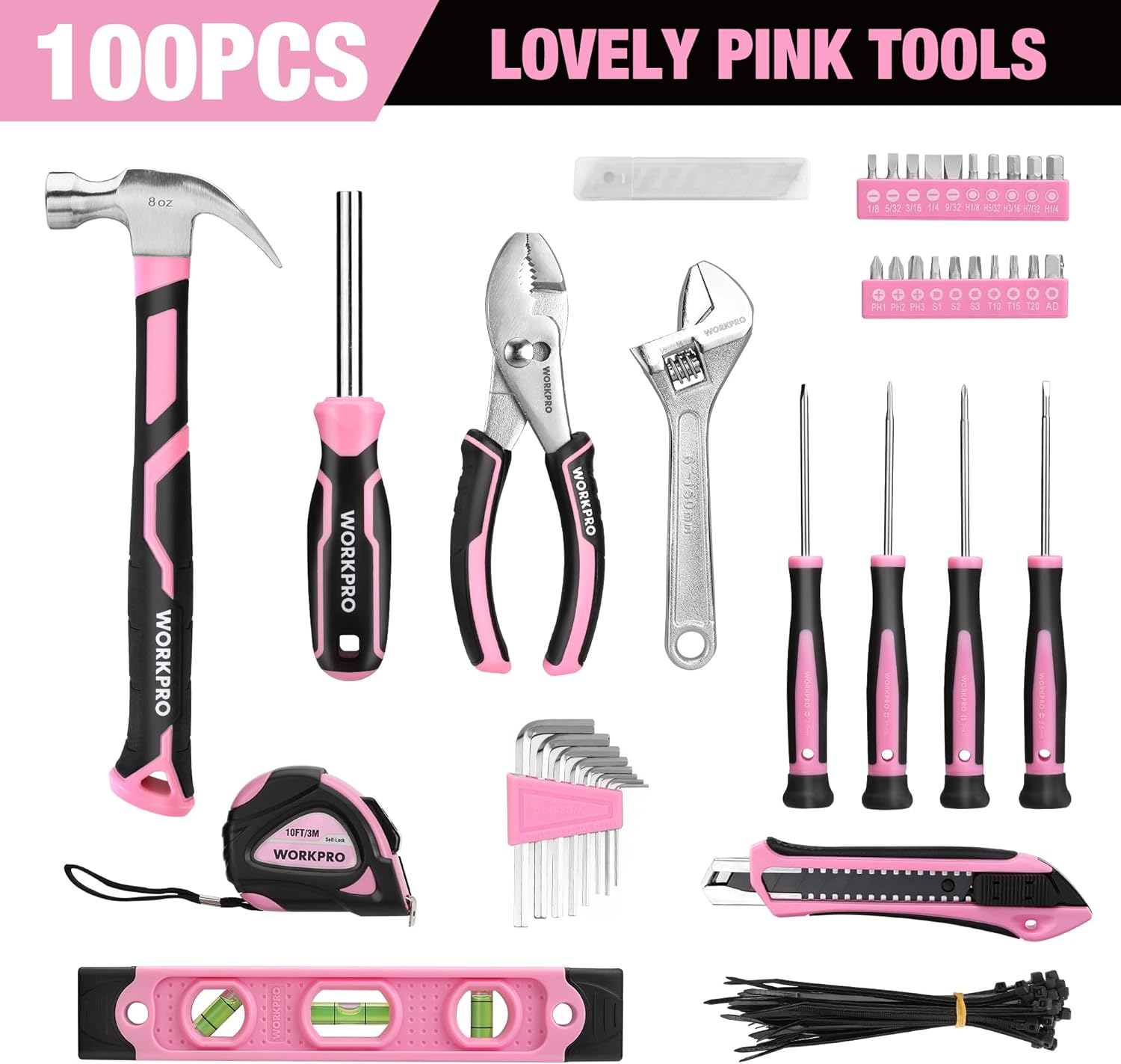 Pink tool set with hammer, wrenches, screwdrivers, and measuring tools shown together.