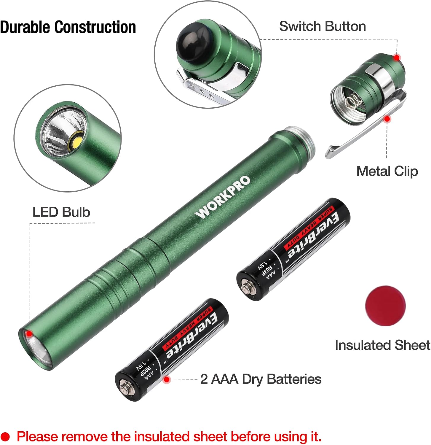 Green LED pen flashlight with metal clip, switch button, and 2 AAA batteries