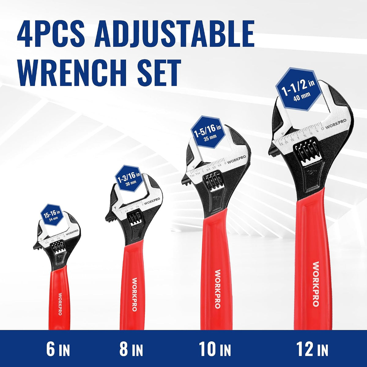 WORKPRO 4 PCS Adjustable Wrench Set, 6", 8", 10" & 12" Wide Jaw Wrenches