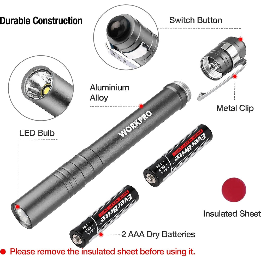 LED pen flashlight with metal clip, switch button, and 2 AAA battery insert diagram