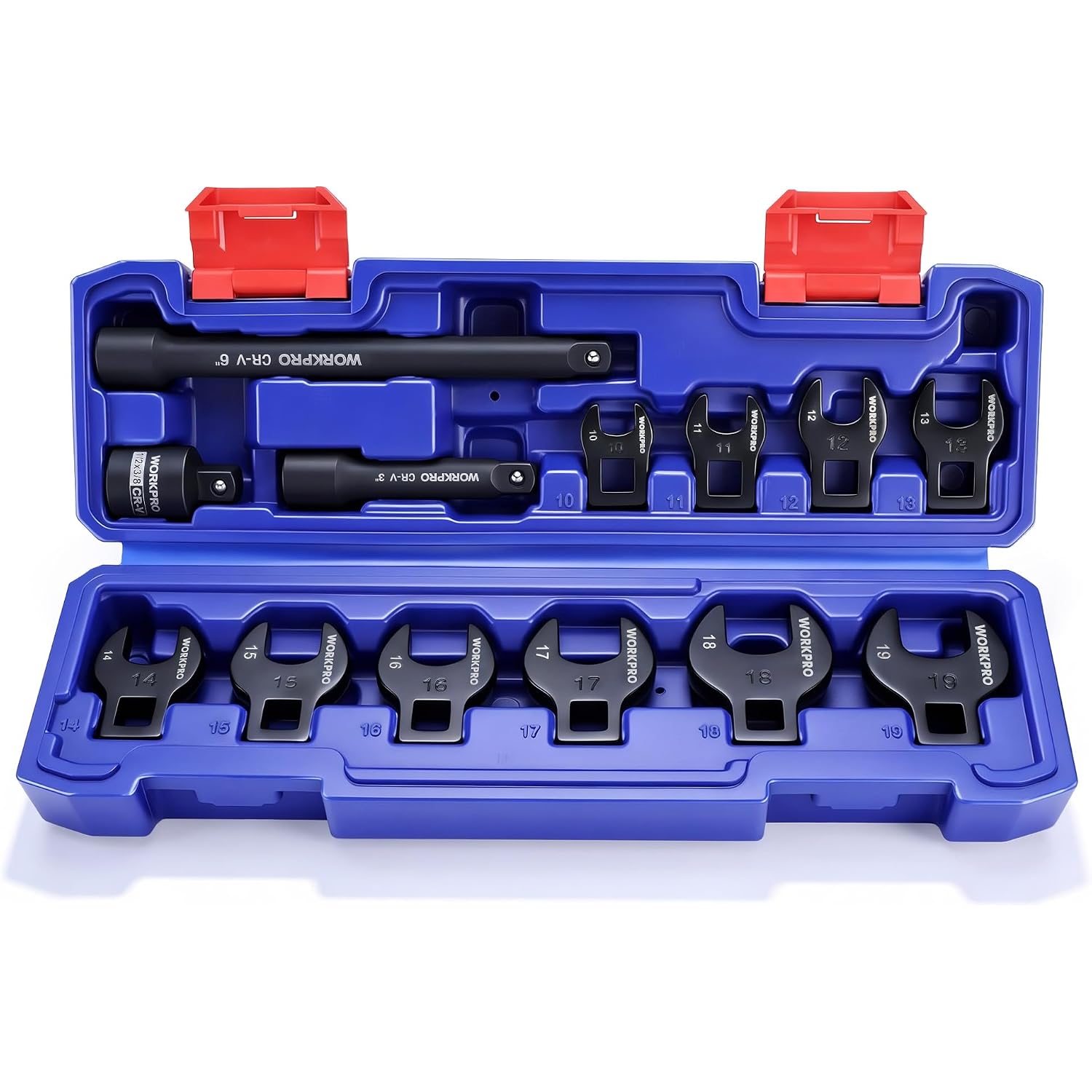 Crowfoot wrench set in blue storage case with red latches and multiple metric heads