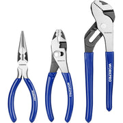 3-piece pliers set with blue handles: needle-nose, slip-joint, groove-joint