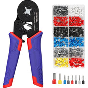 Wire crimping tool with ferrule assortment in divided compartment box, blue and red handles
