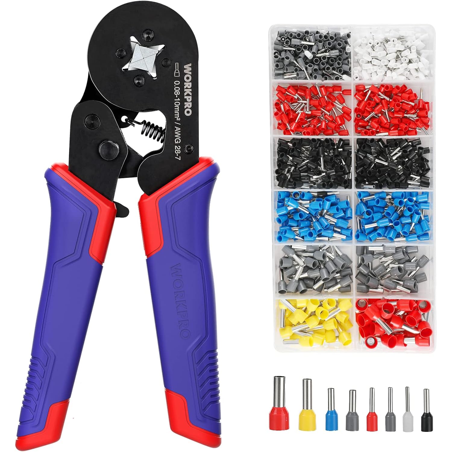 Wire crimping tool with ferrule assortment in divided compartment box, blue and red handles