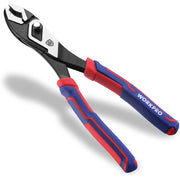 Close-up slip-joint pliers with textured black jaws and red-blue ergonomic grips