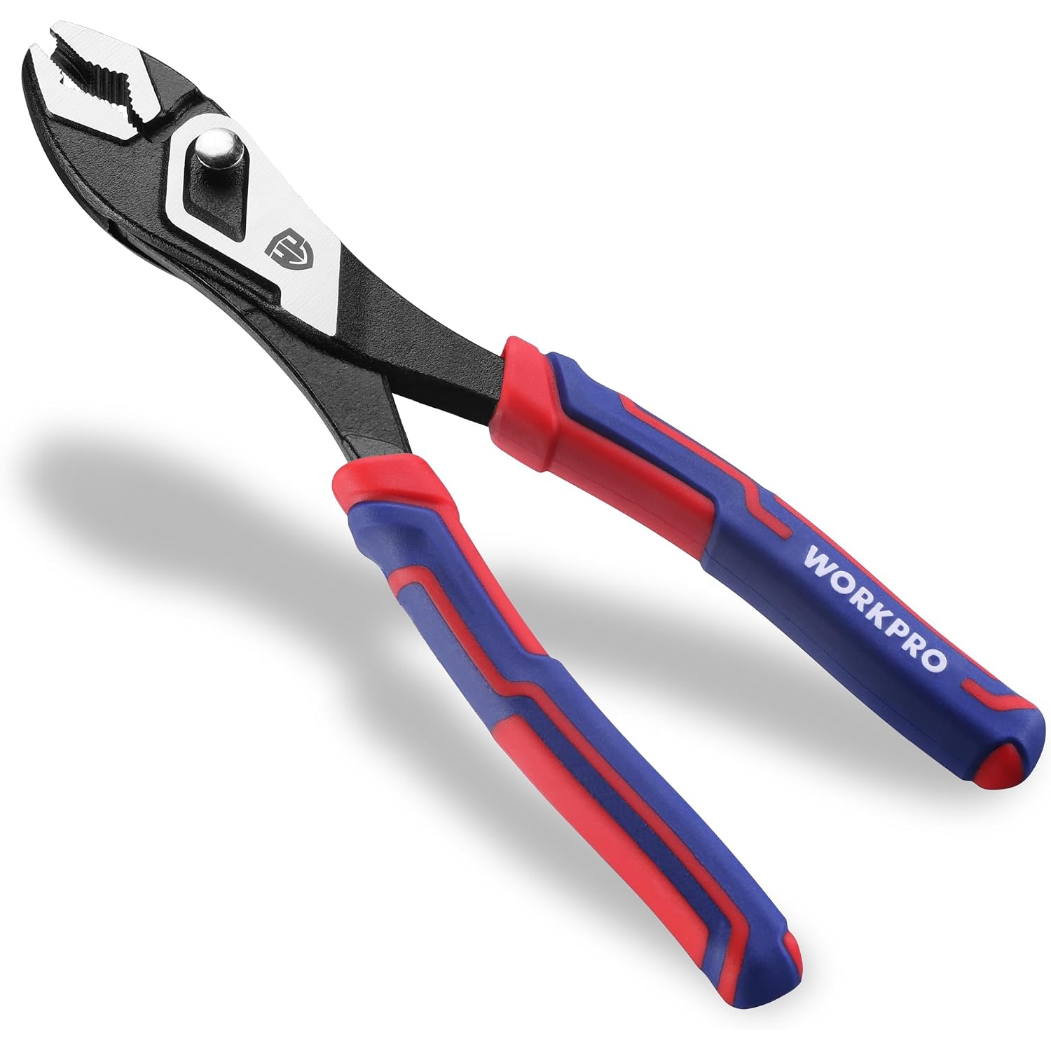 Close-up slip-joint pliers with textured black jaws and red-blue ergonomic grips