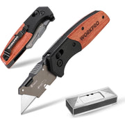 Folding utility knife with wood handle and spare SK5 blades in storage case