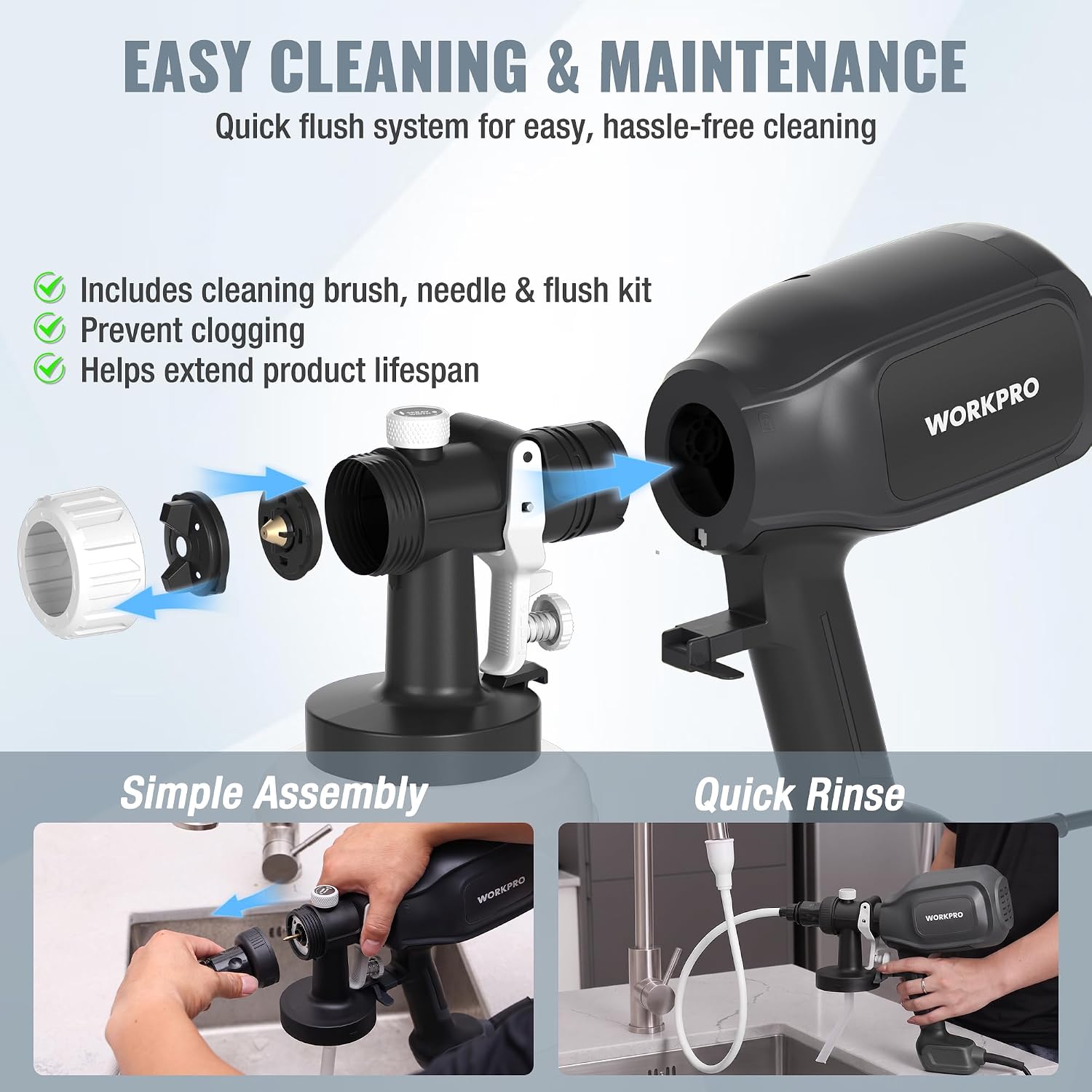WORKPRO Paint Sprayer 800W HVLP in black with adjustable flow control, durable, secure, convenient