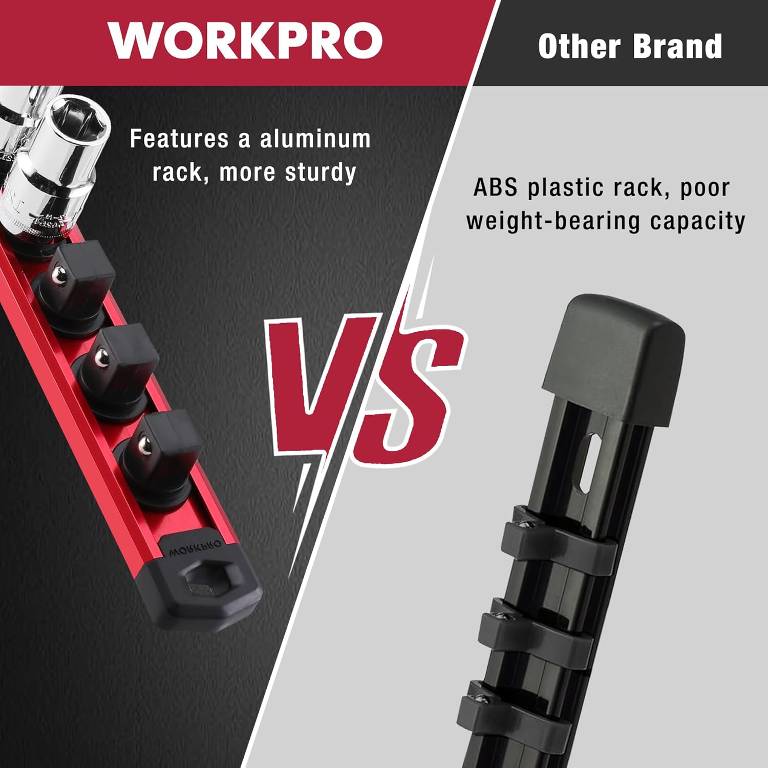 Aluminum socket organizer rack with red rail and black magnetic clips