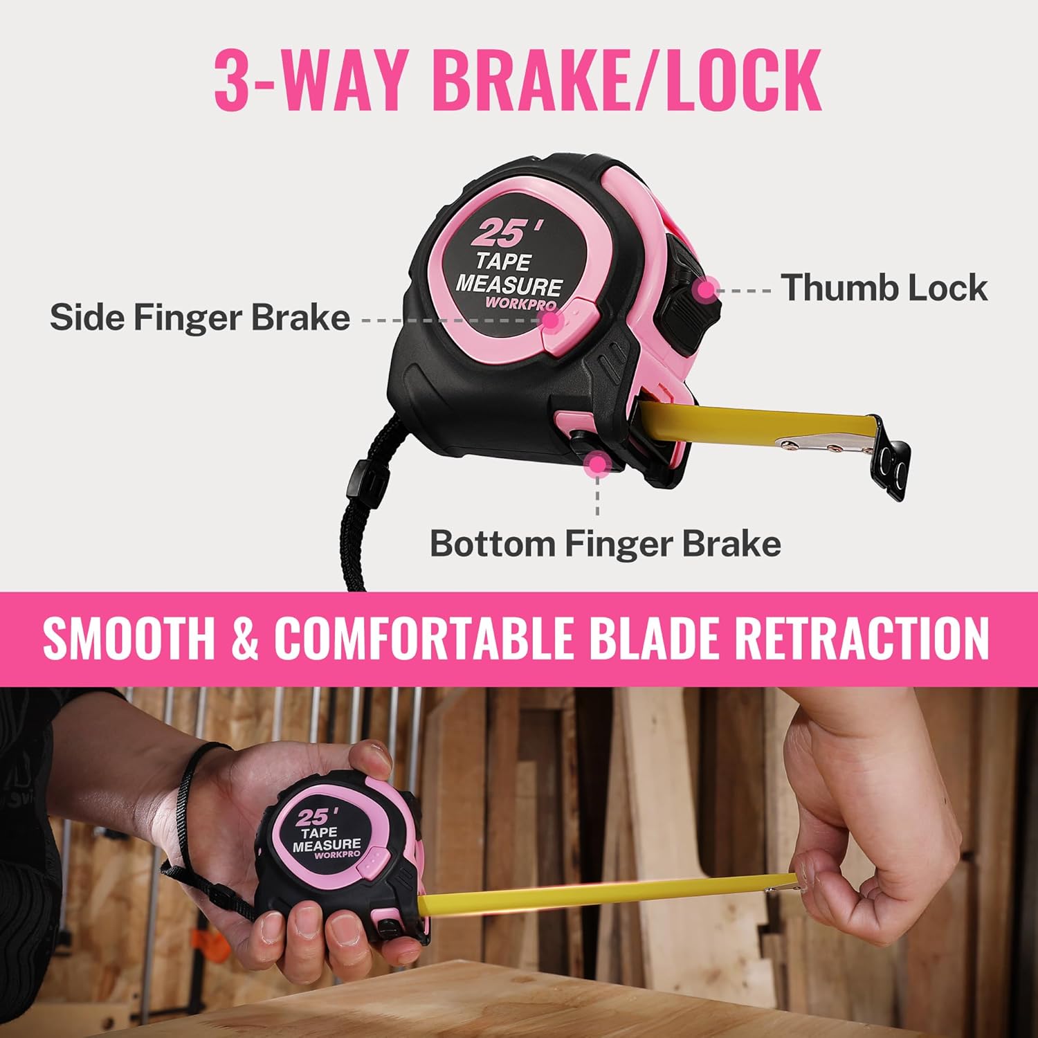 Pink and black 3-way brake/lock tape measure with smooth blade retraction
