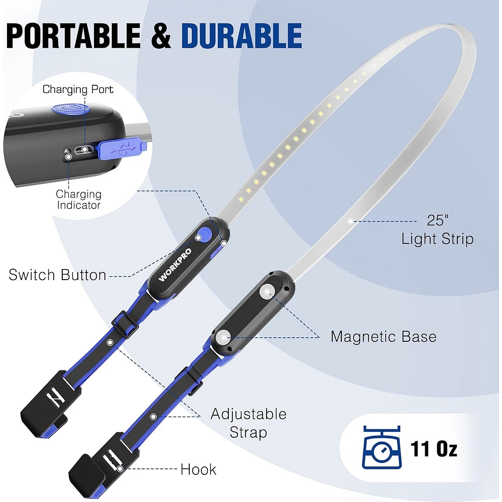 25-inch rechargeable LED work light strip with magnetic base, adjustable strap, and hook