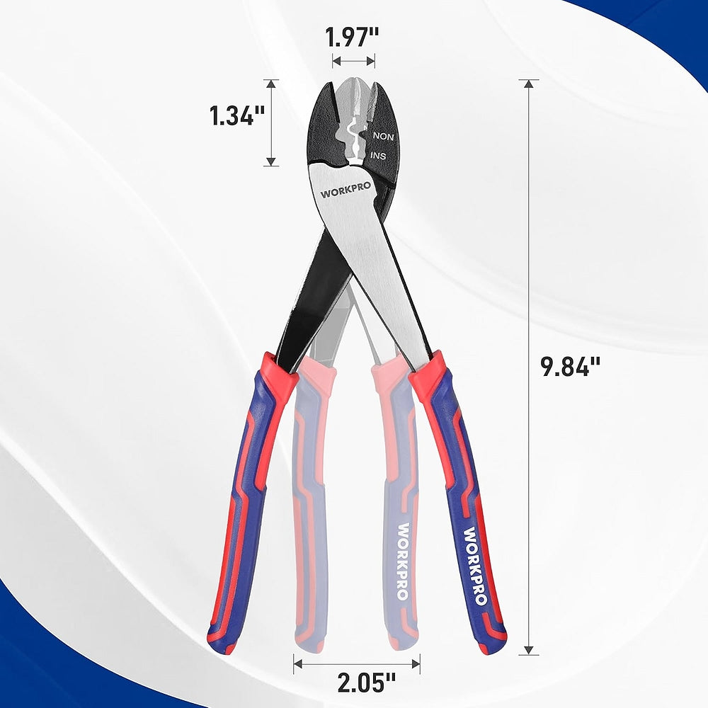 Wire cutter crimper with long jaws, labeled non-insulated, red-blue handles