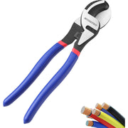 Cable cutter tool with blue handles, red accents, and silver cutting head