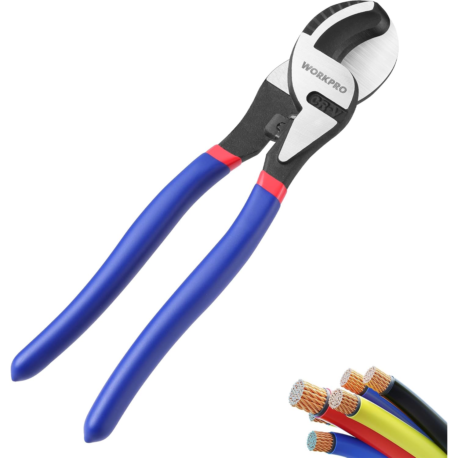 Cable cutter tool with blue handles, red accents, and silver cutting head