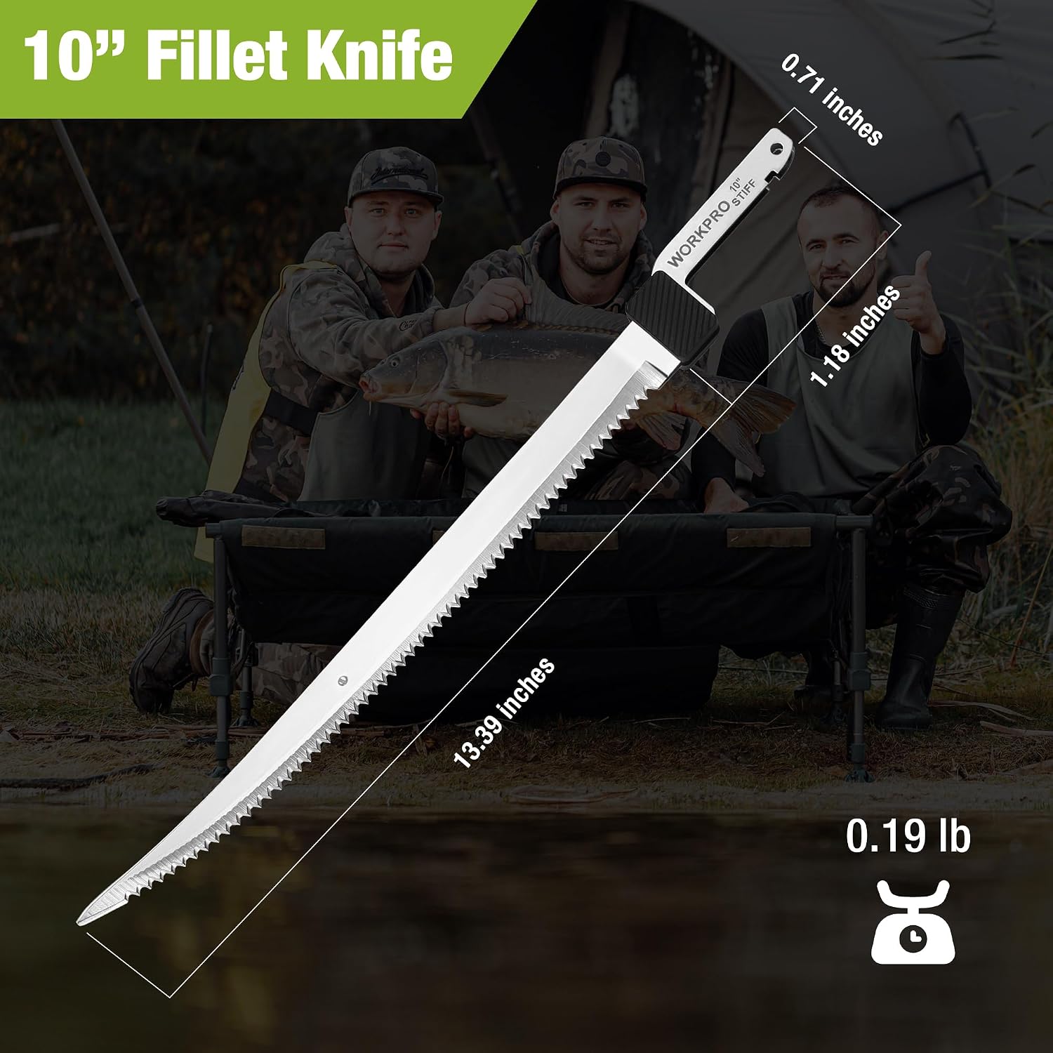 Replacement fillet knife blade, 10 in, silver serrated edge with pointed tip.