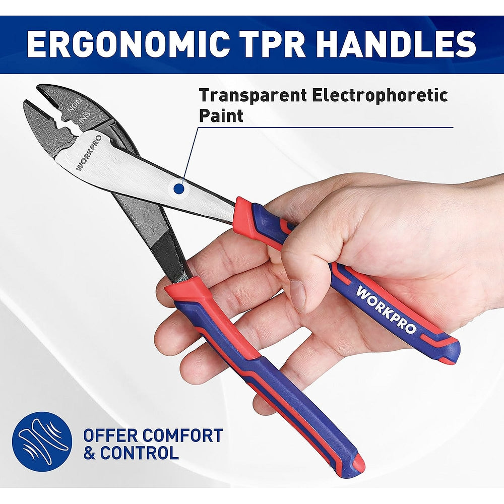 Wire cutter crimper with ergonomic TPR red-blue grips and silver cutting jaws
