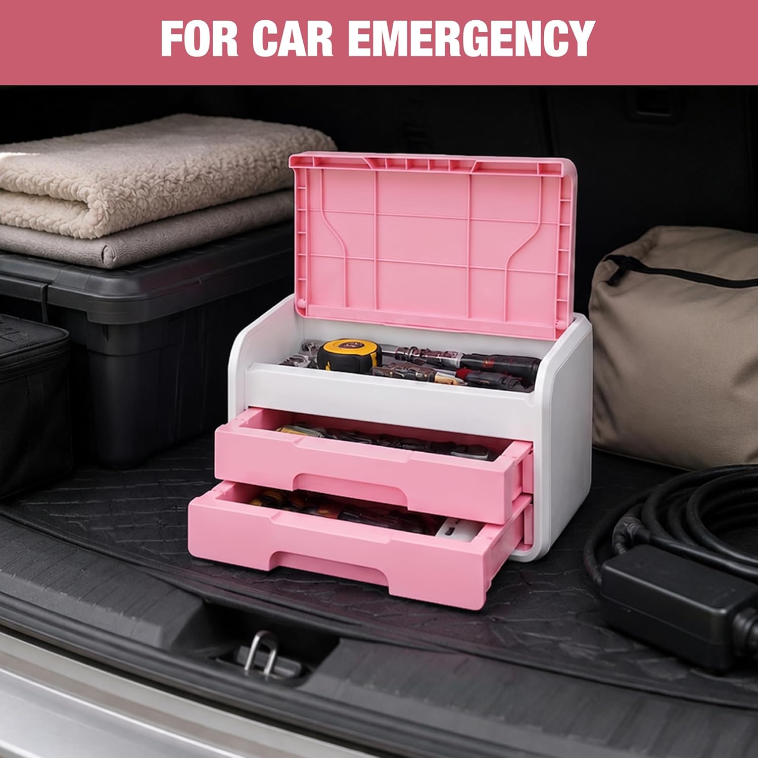 Pink and white car trunk desktop drawer organizer with flip-top lid and two drawers