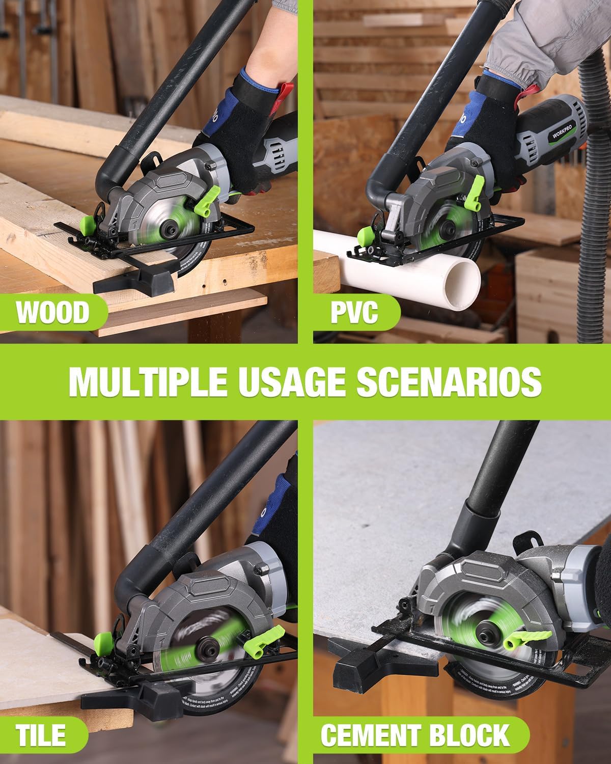 Circular saw shown cutting wood, PVC, tile, and cement block with base shoe