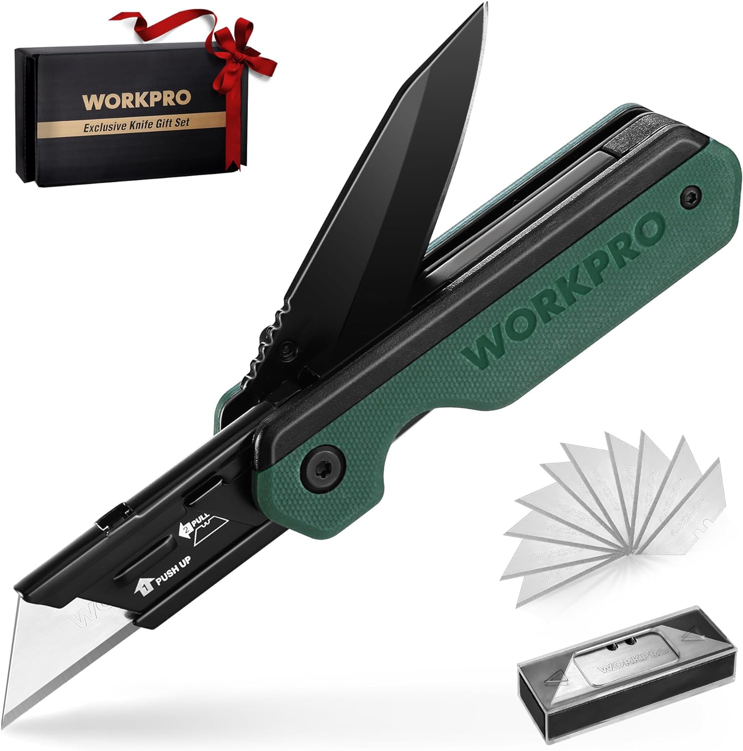 Green folding utility knife with black blade, liner lock, and included blade box